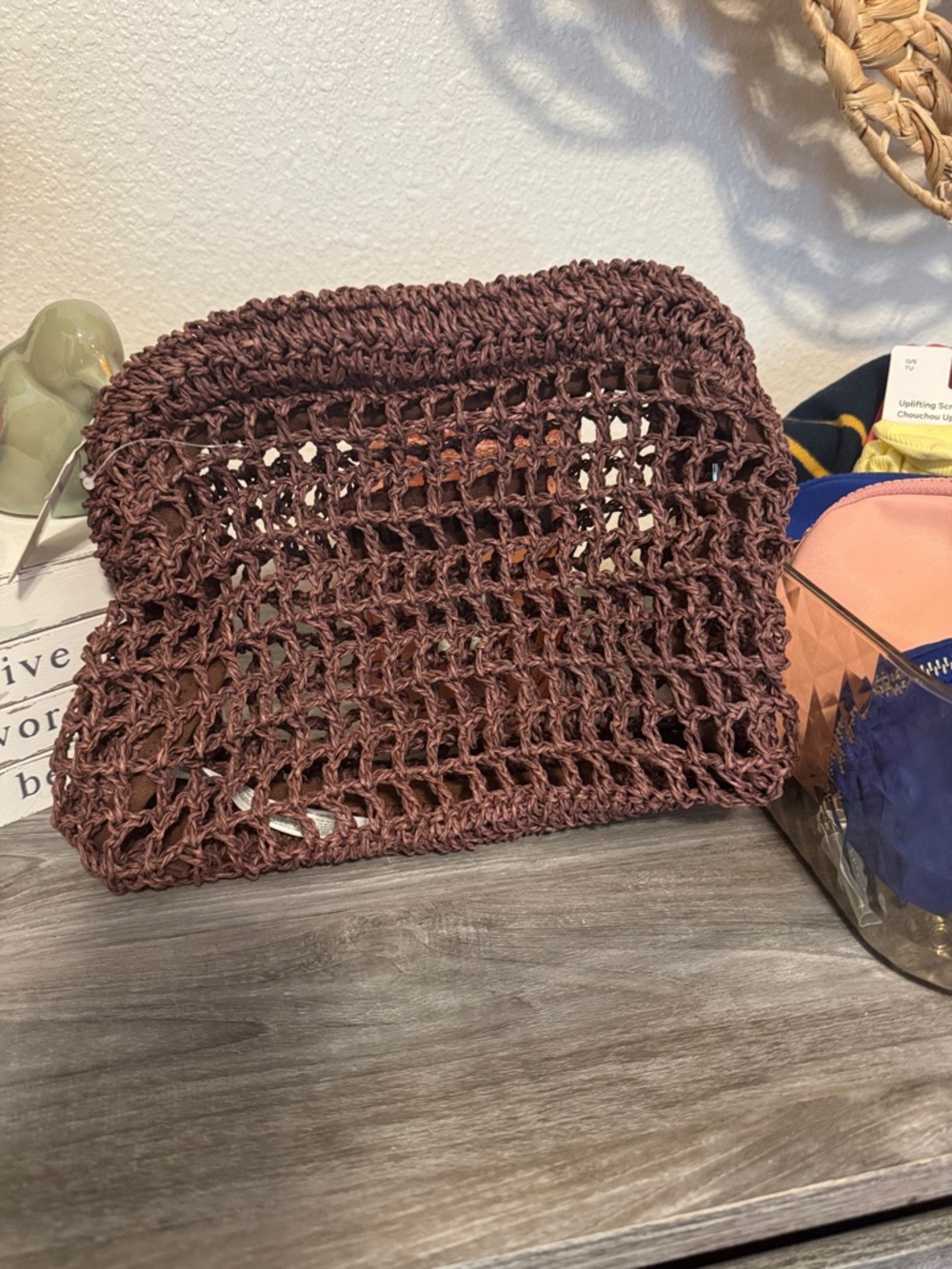 Free People Woven Crochet Clutch Bag in Deep Brown
